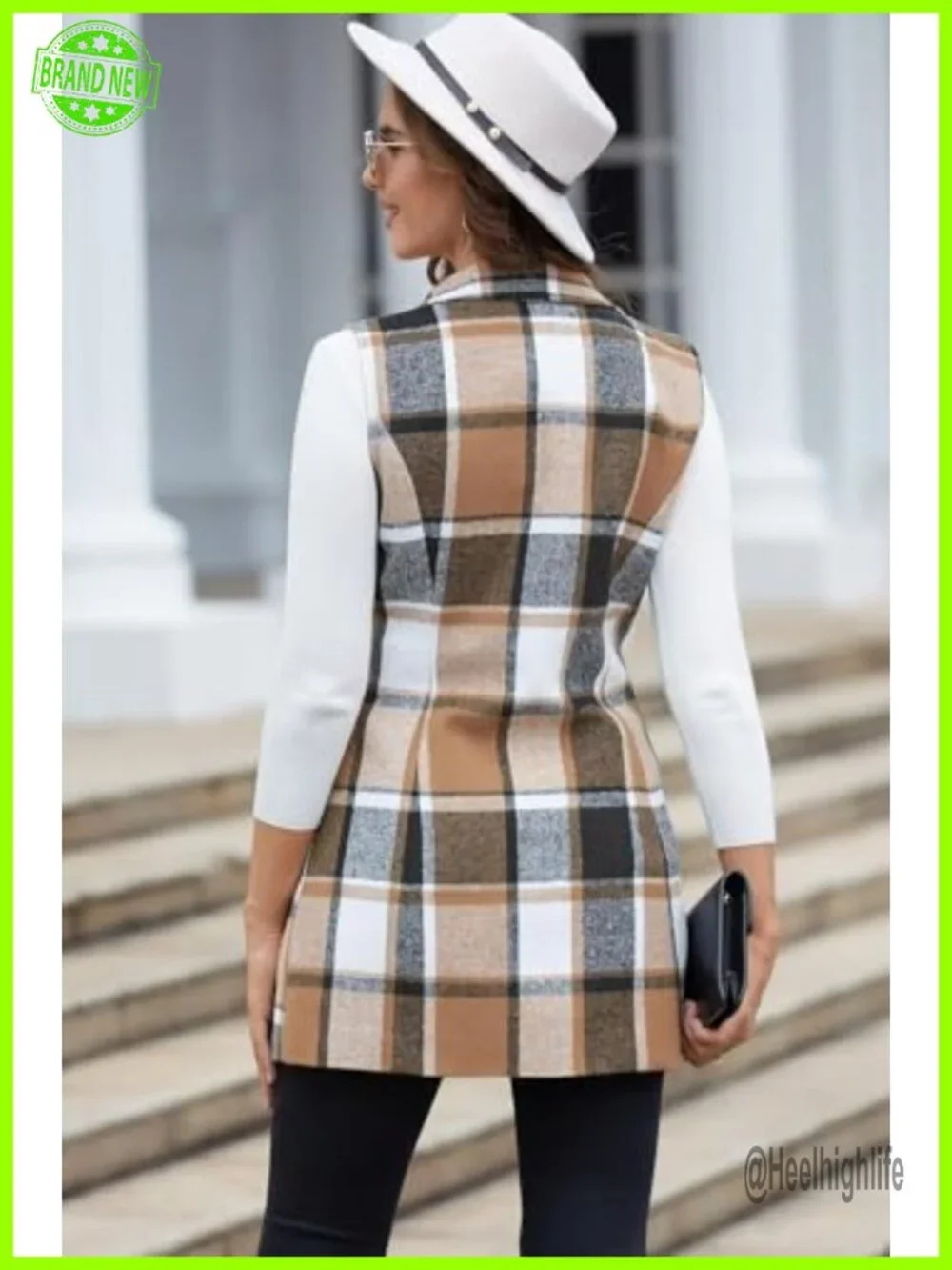 Women's Wool Plaid Notch Lapel Vest Slim Fit Sleeveless Fall Winter